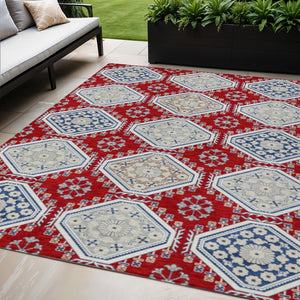 HomeRoots 5' Vibrant Red and Navy Blue Floral Indoor Outdoor Rug - Durable, Washable, Perfect for Any Space 5' X 8' 610770