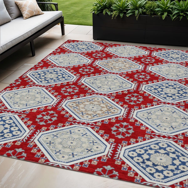 HomeRoots 5' Vibrant Red and Navy Blue Floral Indoor Outdoor Rug - Durable, Washable, Perfect for Any Space 5' X 8' 610770