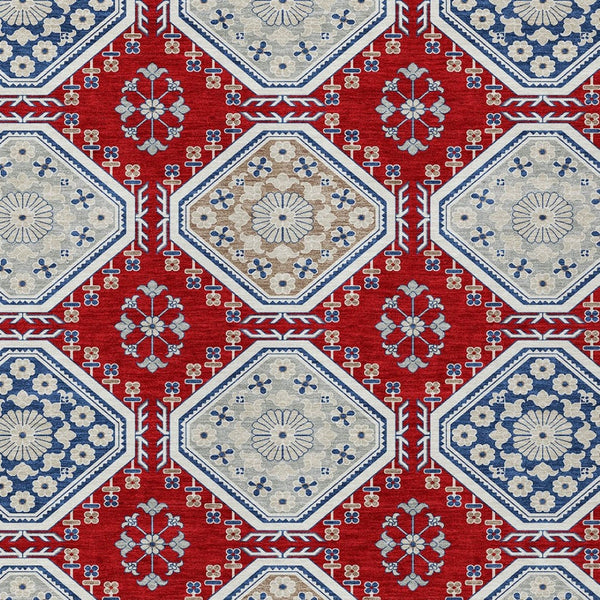 HomeRoots 5' Vibrant Red and Navy Blue Floral Indoor Outdoor Rug - Durable, Washable, Perfect for Any Space 5' X 8' 610770