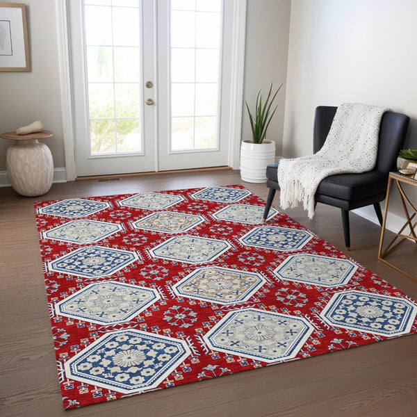 HomeRoots 5' Vibrant Red and Navy Blue Floral Indoor Outdoor Rug - Durable, Washable, Perfect for Any Space 5' X 8' 610770