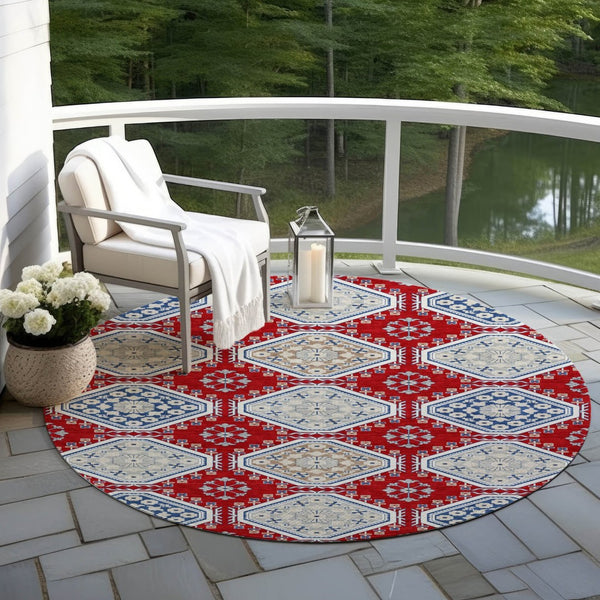 HomeRoots 5' Vibrant Red and Navy Blue Floral Indoor Outdoor Rug - Durable, Washable, Perfect for Any Space 8' Round 610771