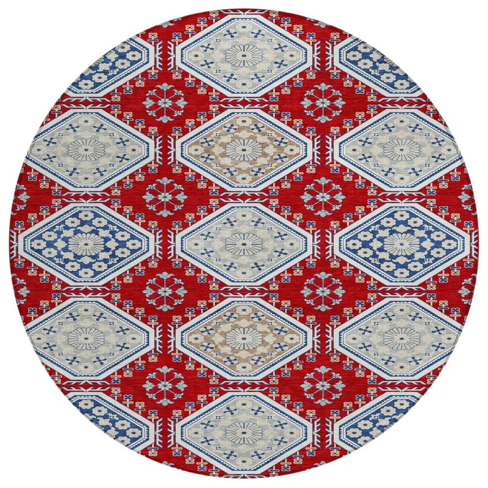 HomeRoots 5' Vibrant Red and Navy Blue Floral Indoor Outdoor Rug - Durable, Washable, Perfect for Any Space 8' Round 610771