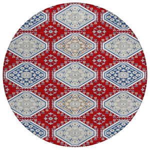 HomeRoots 5' Vibrant Red and Navy Blue Floral Indoor Outdoor Rug - Durable, Washable, Perfect for Any Space 8' Round 610771