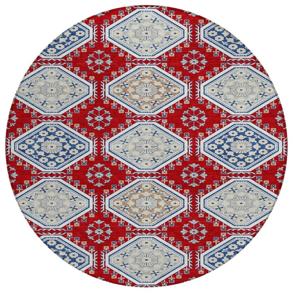 HomeRoots 5' Vibrant Red and Navy Blue Floral Indoor Outdoor Rug - Durable, Washable, Perfect for Any Space 8' Round 610771