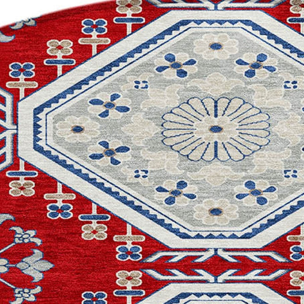 HomeRoots 5' Vibrant Red and Navy Blue Floral Indoor Outdoor Rug - Durable, Washable, Perfect for Any Space 8' Round 610771