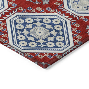 HomeRoots 5' Vibrant Red and Navy Blue Floral Indoor Outdoor Rug - Durable, Washable, Perfect for Any Space 8' Round 610771