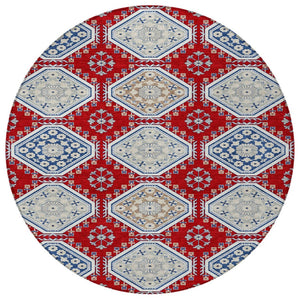 HomeRoots 5' Vibrant Red and Navy Blue Floral Indoor Outdoor Rug - Durable, Washable, Perfect for Any Space 8' Round 610771