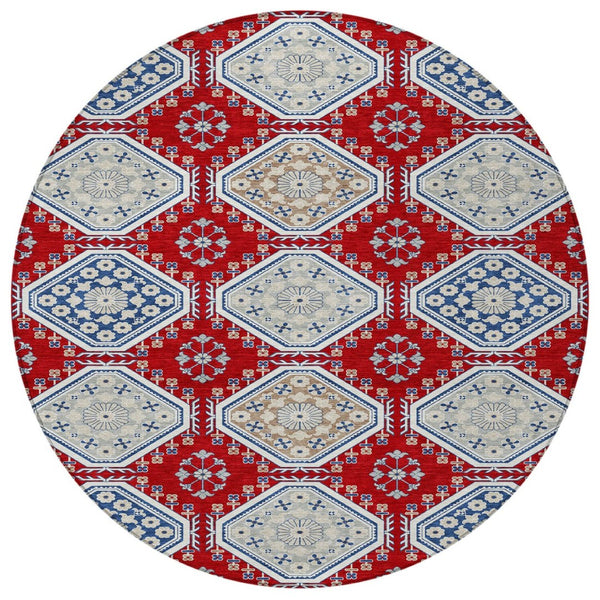 HomeRoots 5' Vibrant Red and Navy Blue Floral Indoor Outdoor Rug - Durable, Washable, Perfect for Any Space 8' Round 610771