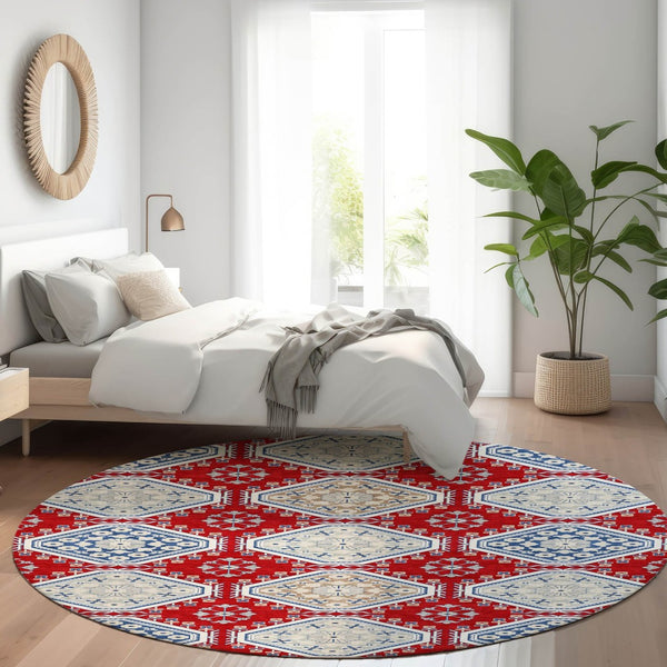 HomeRoots 5' Vibrant Red and Navy Blue Floral Indoor Outdoor Rug - Durable, Washable, Perfect for Any Space 8' Round 610771