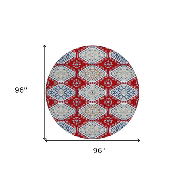 HomeRoots 5' Vibrant Red and Navy Blue Floral Indoor Outdoor Rug - Durable, Washable, Perfect for Any Space 8' Round 610771