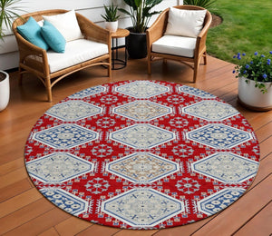 HomeRoots 5' Vibrant Red and Navy Blue Floral Indoor Outdoor Rug - Durable, Washable, Perfect for Any Space 8' Round 610771