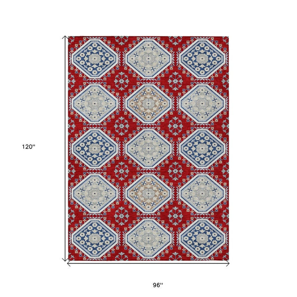 HomeRoots 5' Vibrant Red and Navy Blue Floral Indoor Outdoor Rug - Durable, Washable, Perfect for Any Space 8' X 10' 610772