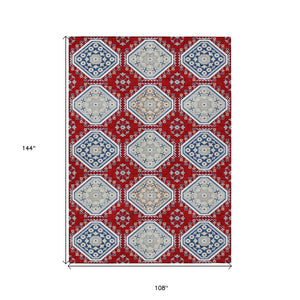 HomeRoots 5' Vibrant Red and Navy Blue Floral Indoor Outdoor Rug - Durable, Washable, Perfect for Any Space 9' X 12' 610773
