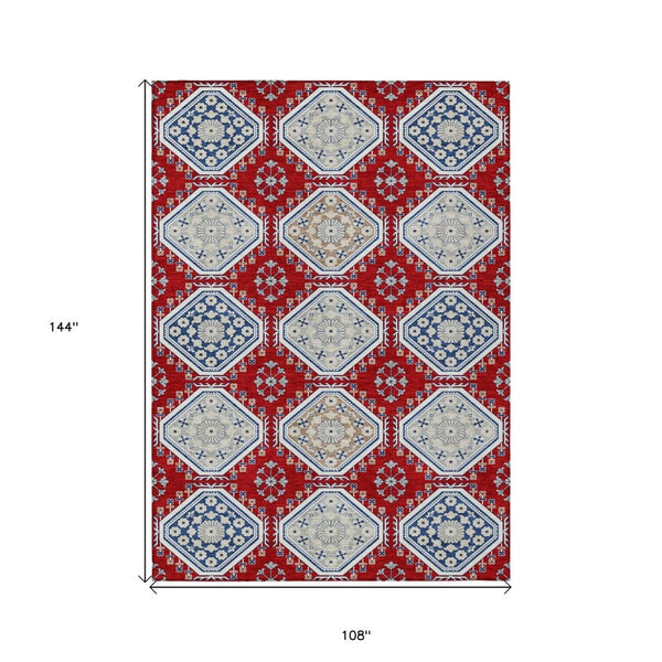 HomeRoots 5' Vibrant Red and Navy Blue Floral Indoor Outdoor Rug - Durable, Washable, Perfect for Any Space 9' X 12' 610773