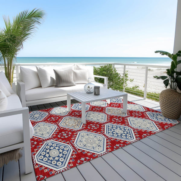 HomeRoots 5' Vibrant Red and Navy Blue Floral Indoor Outdoor Rug - Durable, Washable, Perfect for Any Space 10' X 14' 610774