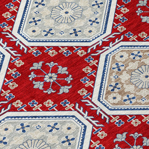 HomeRoots 5' Vibrant Red and Navy Blue Floral Indoor Outdoor Rug - Durable, Washable, Perfect for Any Space 10' X 14' 610774