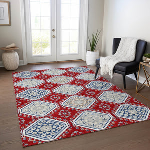 HomeRoots 5' Vibrant Red and Navy Blue Floral Indoor Outdoor Rug - Durable, Washable, Perfect for Any Space 10' X 14' 610774