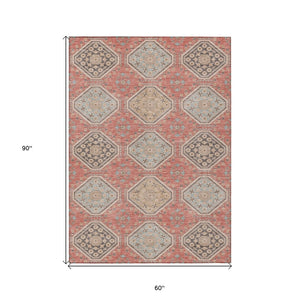 HomeRoots 5' Classic Salmon and Beige Floral Washable Area Rug for Indoor and Outdoor High-Traffic Spaces 5' X 8' 610776