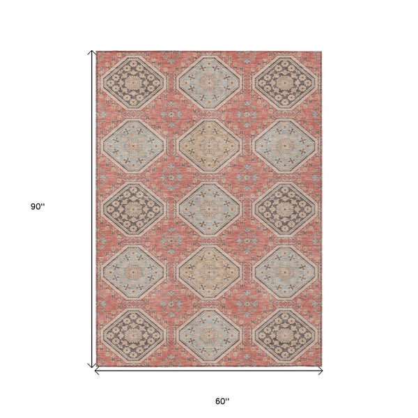 HomeRoots 5' Classic Salmon and Beige Floral Washable Area Rug for Indoor and Outdoor High-Traffic Spaces 5' X 8' 610776