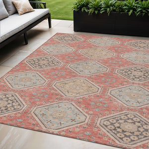 HomeRoots 5' Classic Salmon and Beige Floral Washable Area Rug for Indoor and Outdoor High-Traffic Spaces 5' X 8' 610776