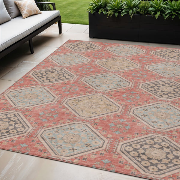 HomeRoots 5' Classic Salmon and Beige Floral Washable Area Rug for Indoor and Outdoor High-Traffic Spaces 5' X 8' 610776