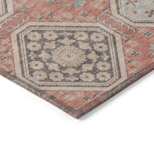 HomeRoots 5' Classic Salmon and Beige Floral Washable Area Rug for Indoor and Outdoor High-Traffic Spaces 5' X 8' 610776