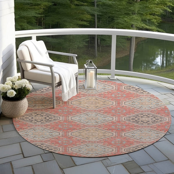 HomeRoots 5' Classic Salmon and Beige Floral Washable Area Rug for Indoor and Outdoor High-Traffic Spaces 8' Round 610777