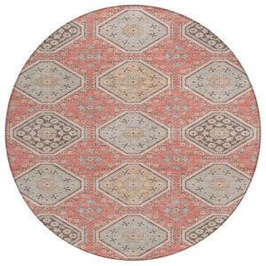 HomeRoots 5' Classic Salmon and Beige Floral Washable Area Rug for Indoor and Outdoor High-Traffic Spaces 8' Round 610777