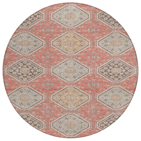 HomeRoots 5' Classic Salmon and Beige Floral Washable Area Rug for Indoor and Outdoor High-Traffic Spaces 8' Round 610777