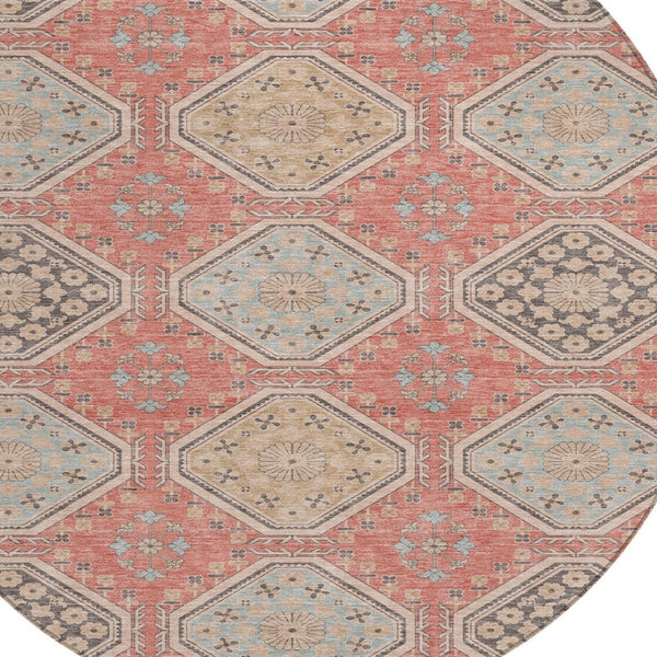 HomeRoots 5' Classic Salmon and Beige Floral Washable Area Rug for Indoor and Outdoor High-Traffic Spaces 8' Round 610777