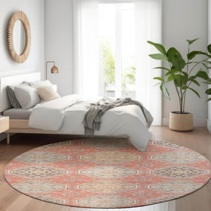 HomeRoots 5' Classic Salmon and Beige Floral Washable Area Rug for Indoor and Outdoor High-Traffic Spaces 8' Round 610777