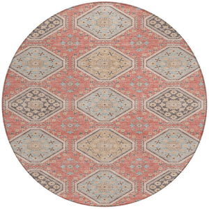HomeRoots 5' Classic Salmon and Beige Floral Washable Area Rug for Indoor and Outdoor High-Traffic Spaces 8' Round 610777