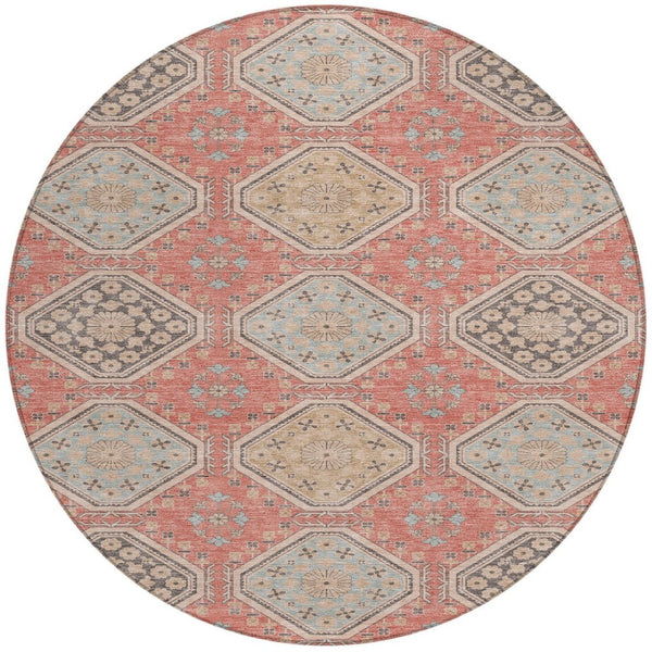HomeRoots 5' Classic Salmon and Beige Floral Washable Area Rug for Indoor and Outdoor High-Traffic Spaces 8' Round 610777