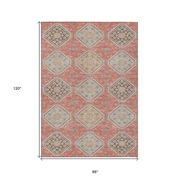 HomeRoots 5' Classic Salmon and Beige Floral Washable Area Rug for Indoor and Outdoor High-Traffic Spaces 8' X 10' 610778