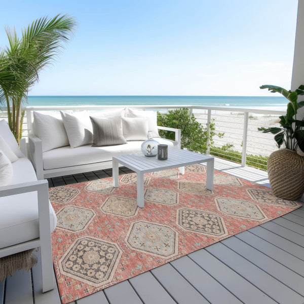 HomeRoots 5' Classic Salmon and Beige Floral Washable Area Rug for Indoor and Outdoor High-Traffic Spaces 8' X 10' 610778