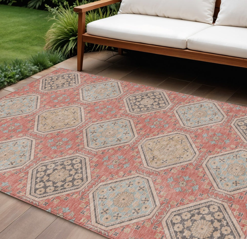 HomeRoots 5' Classic Salmon and Beige Floral Washable Area Rug for Indoor and Outdoor High-Traffic Spaces 9' X 12' 610779
