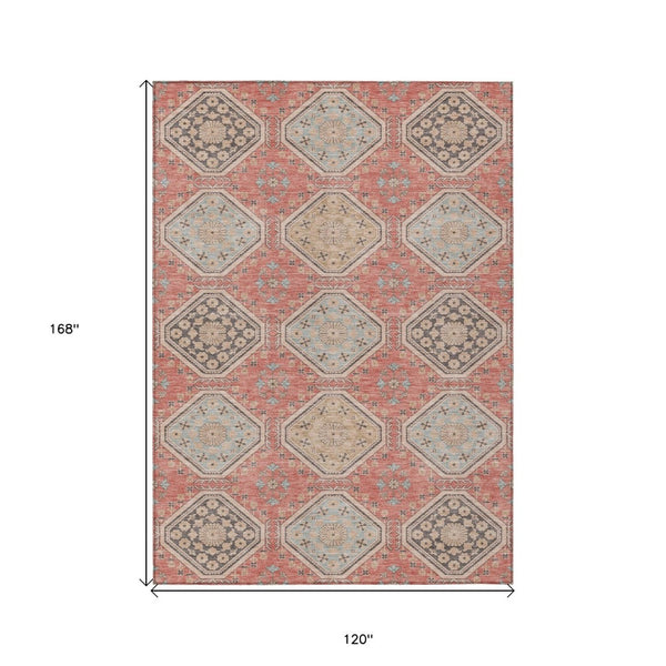 HomeRoots 5' Classic Salmon and Beige Floral Washable Area Rug for Indoor and Outdoor High-Traffic Spaces 10' X 14' 610780