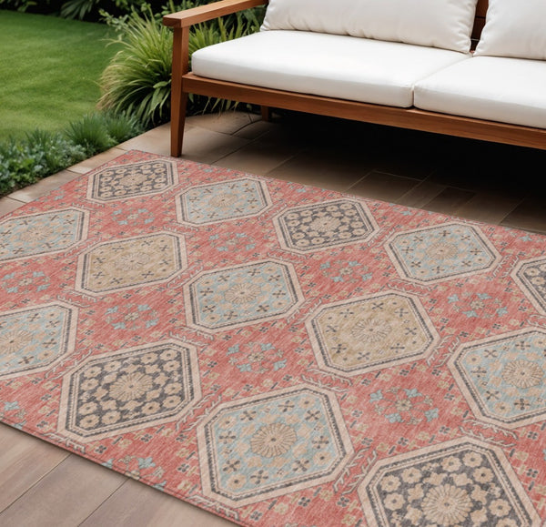 HomeRoots 5' Classic Salmon and Beige Floral Washable Area Rug for Indoor and Outdoor High-Traffic Spaces 10' X 14' 610780