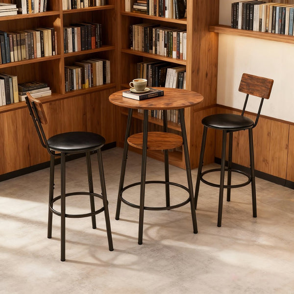 English Elm 3 Piece Bar Height Dining Set with Two Tier Storage and Pu Upholstered Stools Rustic W3204P428254