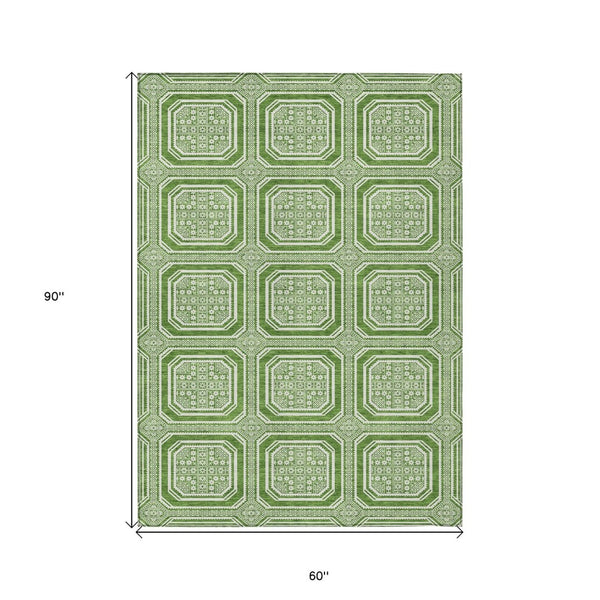 HomeRoots 5' Green and Ivory Geometric Area Rug - Durable, Washable, Stylish for Indoor and Outdoor Spaces 5' X 8' 610806
