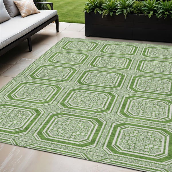 HomeRoots 5' Green and Ivory Geometric Area Rug - Durable, Washable, Stylish for Indoor and Outdoor Spaces 5' X 8' 610806