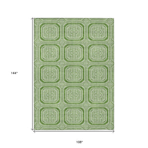 HomeRoots 5' Green and Ivory Geometric Area Rug - Durable, Washable, Stylish for Indoor and Outdoor Spaces 9' X 12' 610809