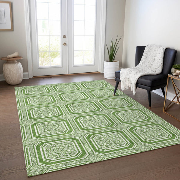 HomeRoots 5' Green and Ivory Geometric Area Rug - Durable, Washable, Stylish for Indoor and Outdoor Spaces 9' X 12' 610809