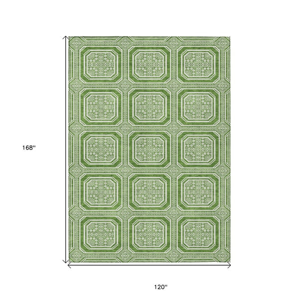 HomeRoots 5' Green and Ivory Geometric Area Rug - Durable, Washable, Stylish for Indoor and Outdoor Spaces 10' X 14' 610810