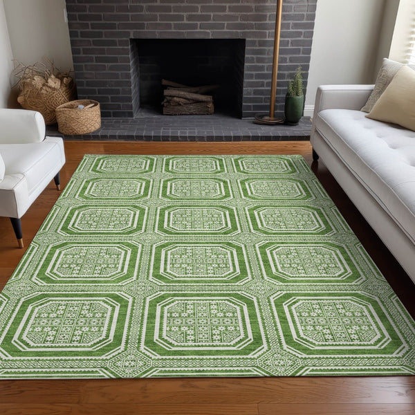 HomeRoots 5' Green and Ivory Geometric Area Rug - Durable, Washable, Stylish for Indoor and Outdoor Spaces 10' X 14' 610810