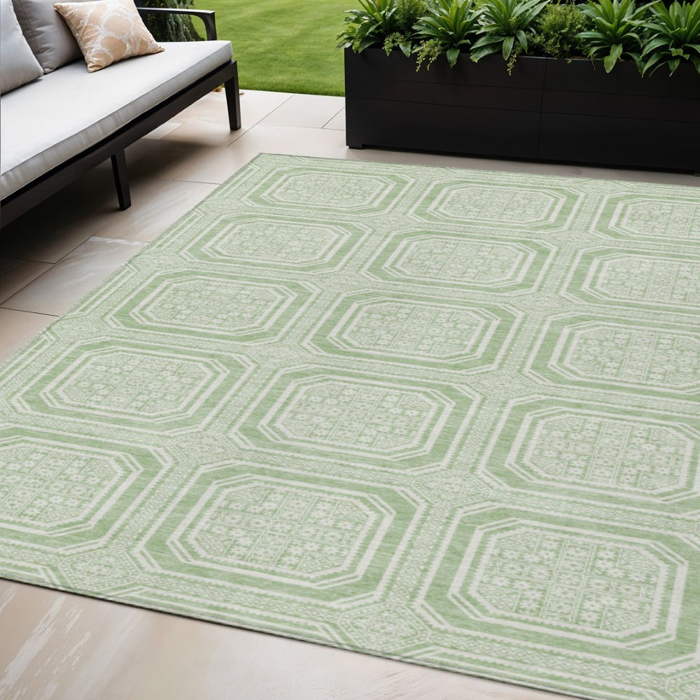 HomeRoots 5' Mint Green and Ivory Geometric Area Rug - Stylish, Washable, Durable for Indoor and Outdoor Spaces 5' X 8' 610830