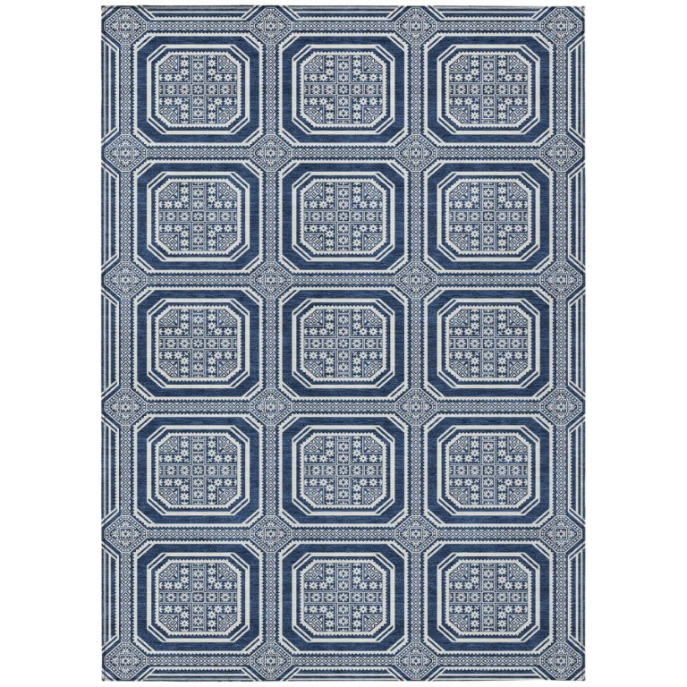 HomeRoots 5x8 Geometric Polyester Area Rug Indoor Outdoor Washable Navy Ivory Modern 610836