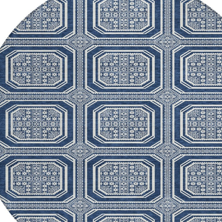 8 Foot Round Geometric Polyester Area Rug for Outdoor Patios and Indoor Spaces