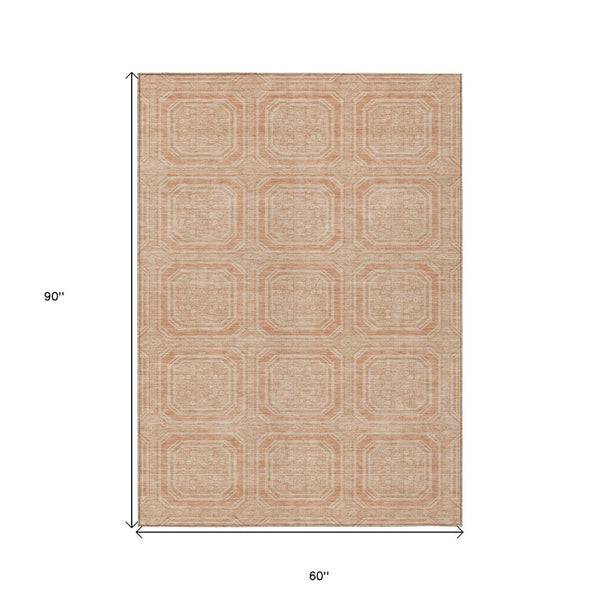 HomeRoots 5' Peach and Beige Geometric Area Rug - Durable, Washable Indoor/Outdoor Design for Modern Spaces 5' X 8' 610842