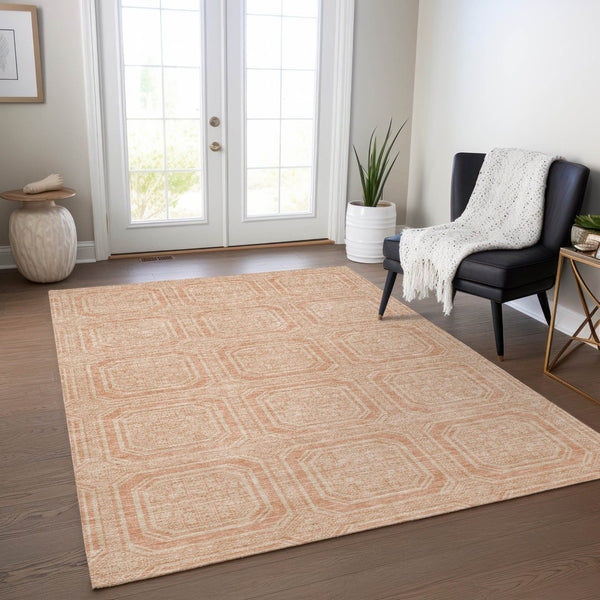 HomeRoots 5' Peach and Beige Geometric Area Rug - Durable, Washable Indoor/Outdoor Design for Modern Spaces 8' X 10' 610844